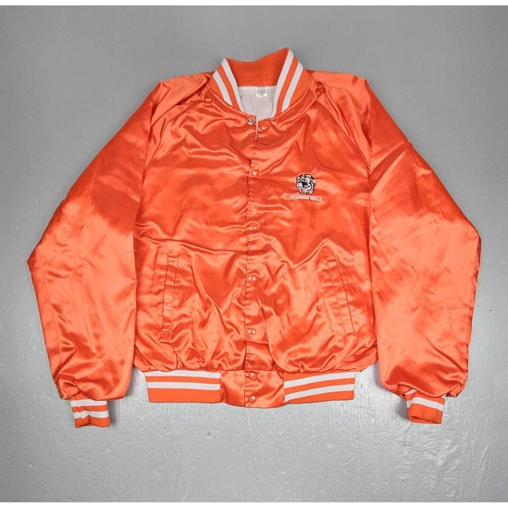80s Vintage Hickman Mills Cougars Satin‎ Jacket Orange Snap Button Kansas City